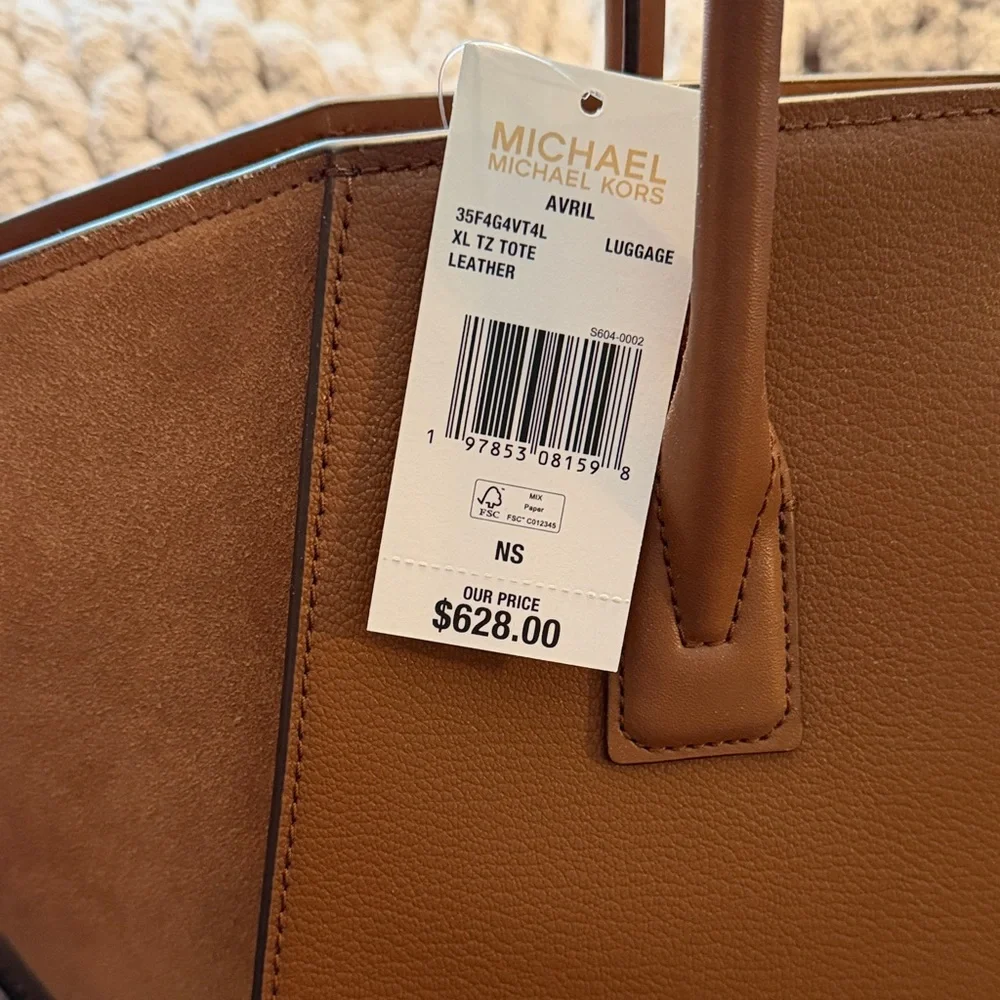 Michael Kors Cognac Leather and Suede Tote with Gold Logo Charm - Picture 3 of 5